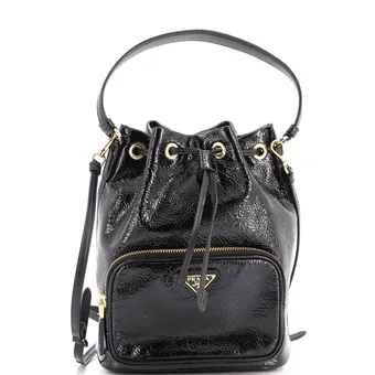 Prada Drawstring Pocket Bucket Bag Patent Small