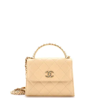 Chanel Logo and Pearl Top Handle Clutch with Chain Quilted Lambskin Small